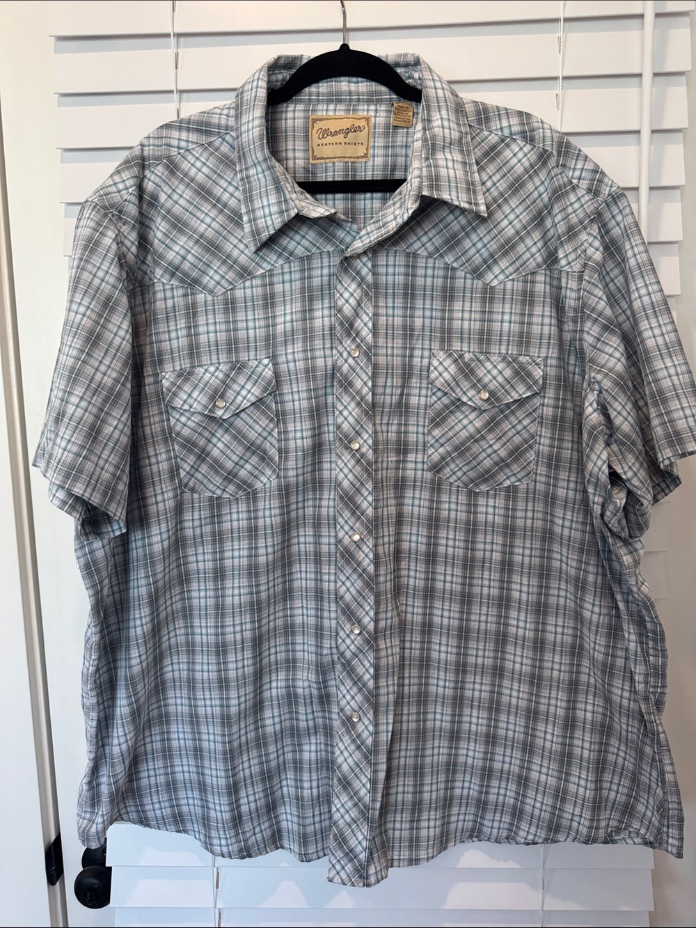 Wrangler Men’s 3XL Western Short‎ Sleeve Pearl Snap Blue Gray Plaid Shirt Casual